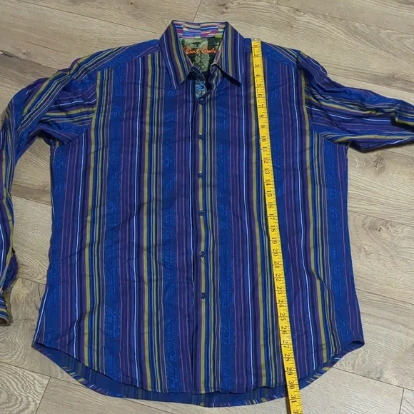 Robert Graham Shirt Blue Yellow Striped Paisley Abstract Flip Cuff Men's Sz L - Picture 7 of 11